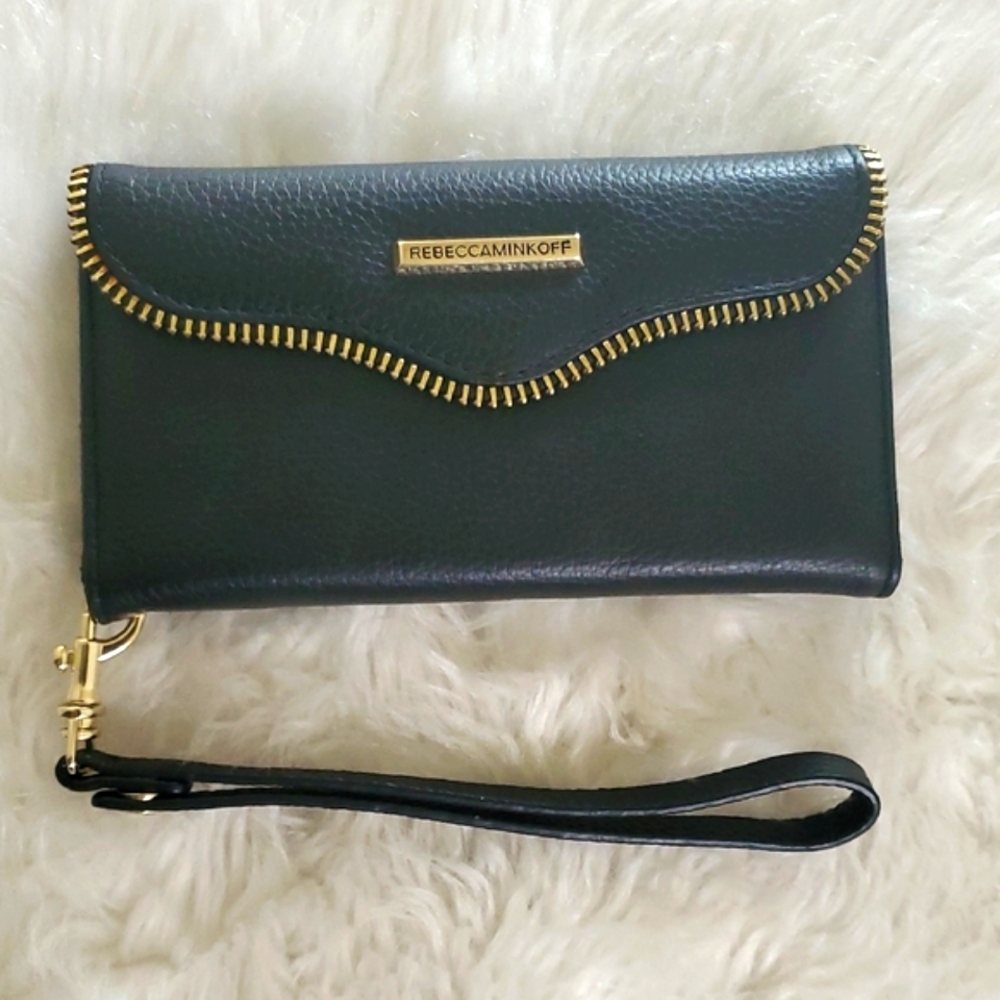 Rebecca Minkoff Black Phone Holder Wristlet Clutch with Gold Accents